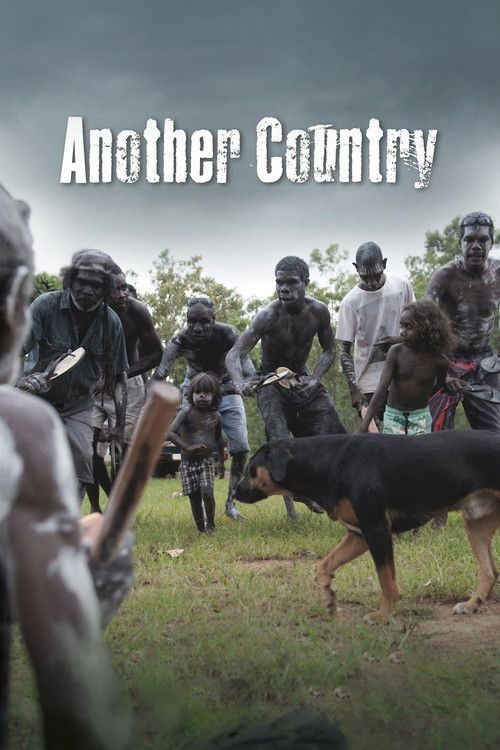 The poster depicts a tense scene with a group of people in rugged, earthy tones against a moody, overcast sky. A black dog stands prominently in the foreground, adding to the gritty atmosphere. The title "Another Country" is boldly displayed at the top, suggesting a sense of displacement and isol...