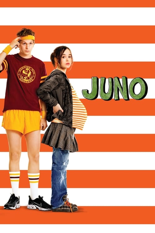 The poster features two young people in casual, youthful attire against a vibrant orange and white striped background. The title "JUNO" is prominently displayed in bold green letters, evoking a playful and energetic mood. The image captures the essence of a fun, youthful summer vibe with its dyna...