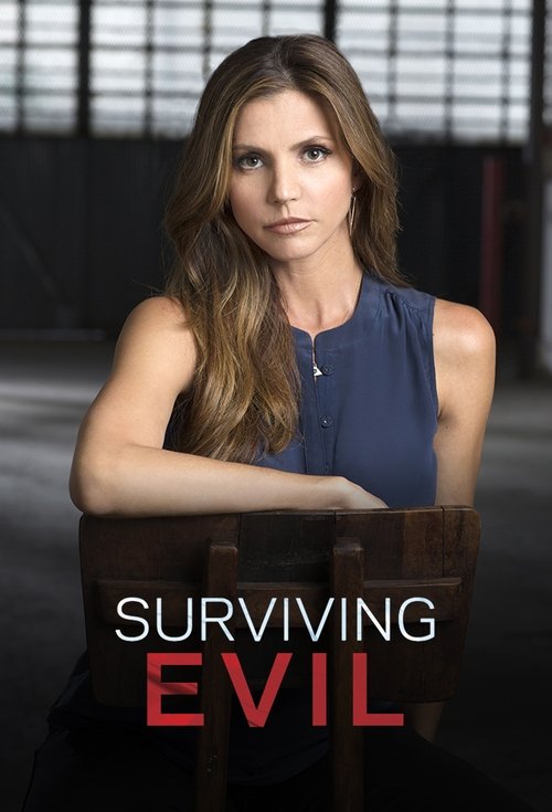 The poster features a woman with long, wavy brown hair standing confidently behind a wooden podium, her arms crossed. She wears a dark blue sleeveless top, and the title "Surviving Evil" is prominently displayed in bold white and red text at the bottom. The background shows industrial-style windo...