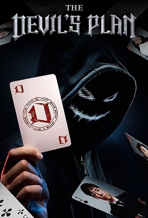 The poster features a mysterious figure in a black hooded cloak holding a playing card, with a dark, ominous mood. The card displays the number "10" in red, symbolizing power and danger. The title "The Devil's Plan" is prominently displayed at the top in bold, gothic lettering.