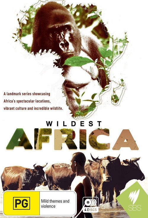 The poster features a serene African landscape with lush greenery and wildlife. A man in traditional attire gazes at the viewer, evoking a sense of wonder and connection to nature. The warm earthy tones and vibrant colors create a peaceful and inviting mood, highlighting the beauty of Africa's na...