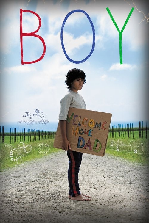 A young boy stands on a dirt path, holding a cardboard sign that reads "Welcome to Dad." The poster features bold, colorful letters spelling "BOY" at the top. The mood is nostalgic and slightly melancholic, evoking themes of childhood memories and the passage of time.