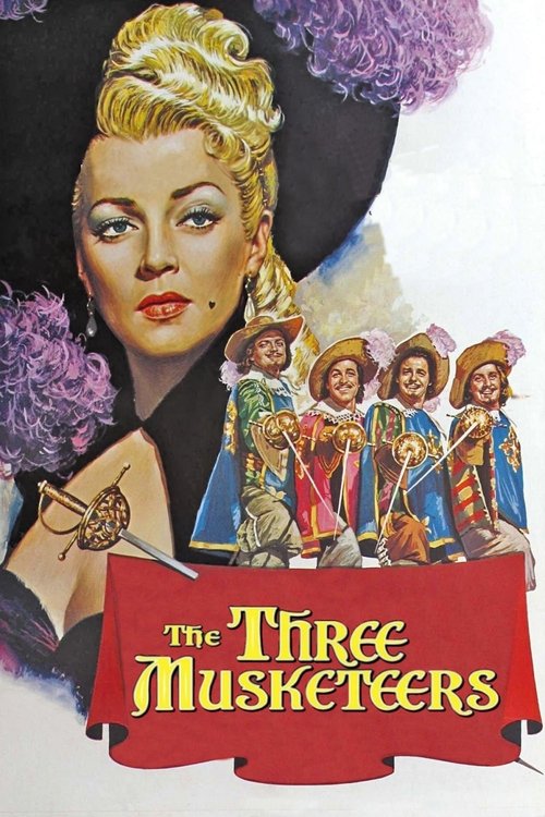 This vintage poster features a glamorous blonde woman with dramatic makeup and a black hat, surrounded by four colorful characters in period costumes. The red banner at the bottom displays the title "The Three Musketeers" in bold yellow letters. The overall mood is theatrical and nostalgic, evoki...