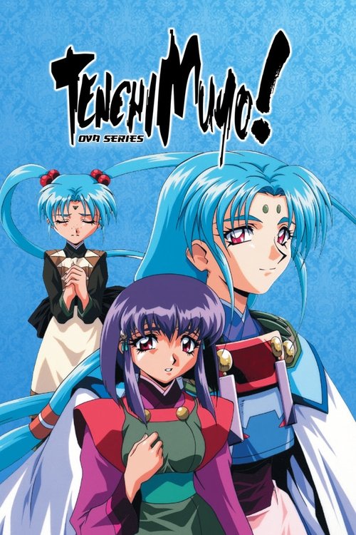 The vibrant poster features three anime characters with striking blue hair, exuding a playful and energetic mood. The bright blue background complements their colorful outfits, creating a lively and cheerful atmosphere.