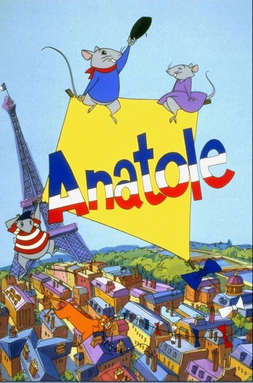 The poster features anthropomorphic mice in a whimsical scene atop a vibrant yellow sign reading "Anatole." The Eiffel Tower looms in the background, while colorful rooftops and a cheerful cityscape below add to the lively atmosphere. The playful colors and cartoonish style evoke a sense of fun a...