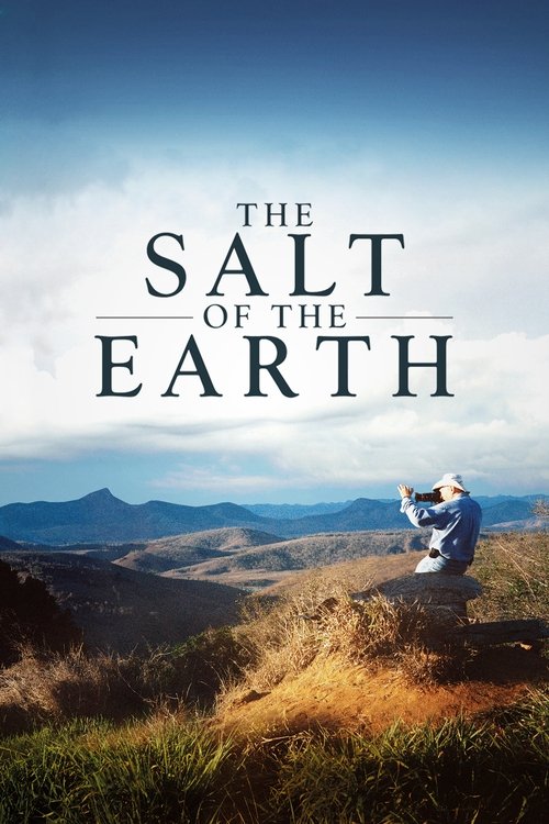 The poster features a lone figure in a blue shirt sitting on a golden hill, gazing out at a vast, hazy landscape under a bright blue sky. The title "The Salt of the Earth" is elegantly displayed in bold, white letters. The mood is serene and contemplative, evoking themes of nature, solitude, and ...