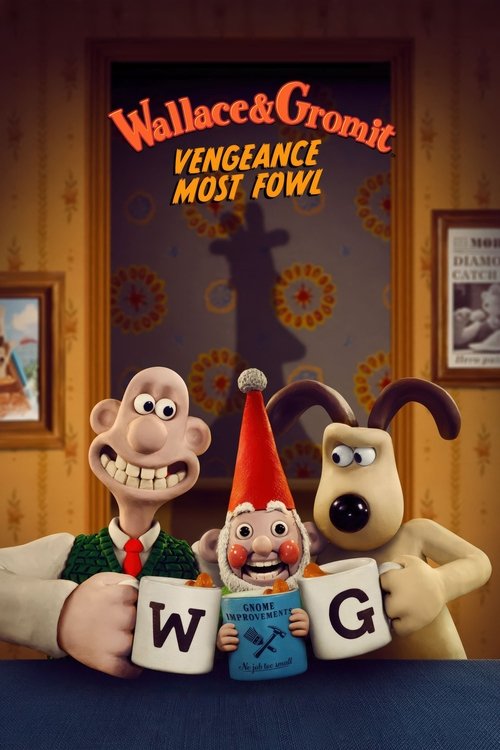 The poster features three animated characters: a cheerful bald man in a green suit, a small gnome with a red hat, and a fluffy dog with floppy ears. The warm yellow background with orange sunburst patterns adds a playful, nostalgic feel. The characters are arranged in a friendly, inviting pose, s...