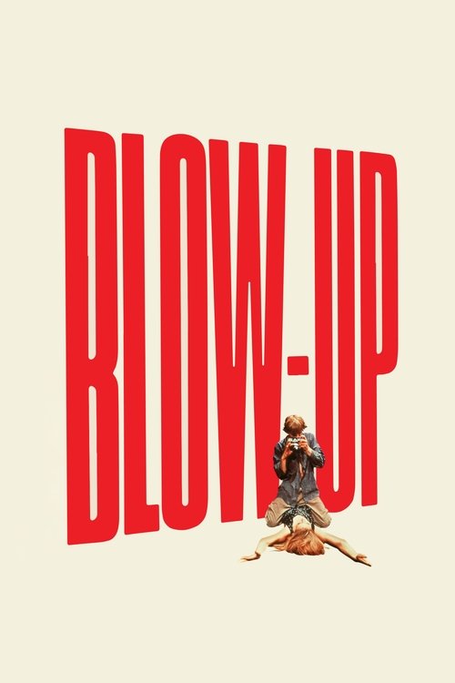 The poster features bold red text spelling "BLOW-UP" against a plain beige background. A woman in a white dress sits dramatically on the right, her posture suggesting vulnerability or vulnerability. The minimalist design evokes a sense of drama and emotional intensity.