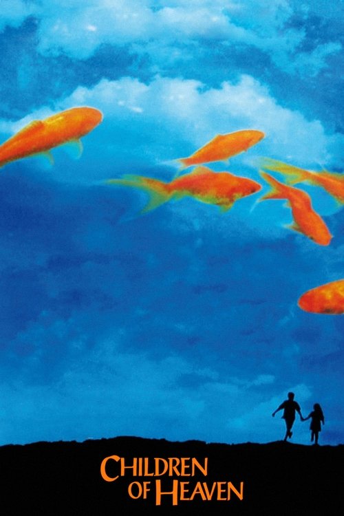 The poster features silhouettes of two children running against a vibrant blue sky filled with colorful koi fish. The warm orange and yellow hues of the fish contrast with the cool blue tones, creating a dreamlike atmosphere. The title "Children of Heaven" is elegantly displayed at the bottom, ev...