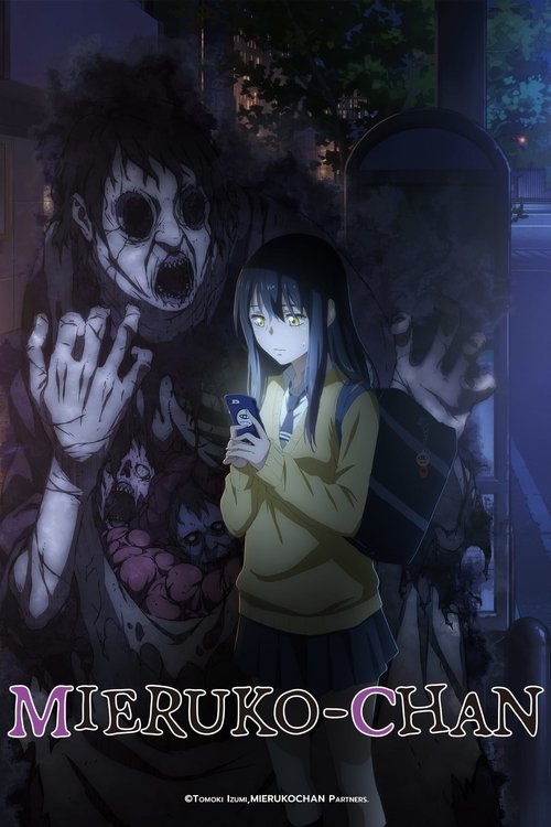 The poster features a young girl with dark hair and a yellow sweater holding a phone, surrounded by eerie, shadowy figures in a dimly lit, spooky setting. The dark blue and purple tones create a mysterious and unsettling atmosphere, while the title "Mieruko-chan" is prominently displayed in bold,...
