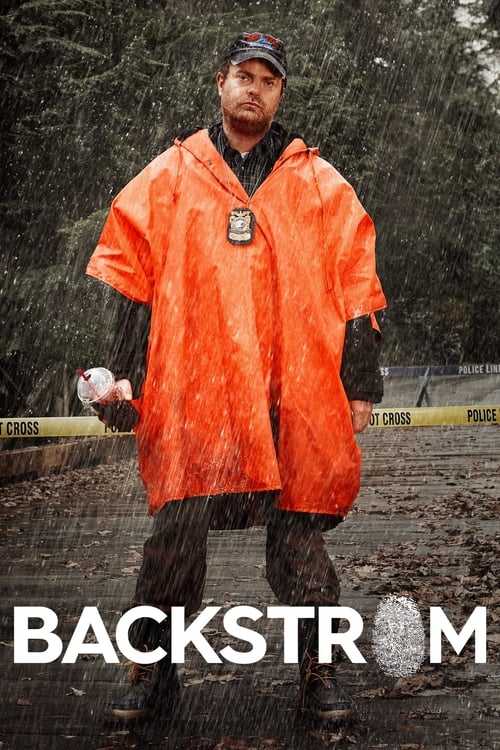 A man in an orange raincoat stands confidently against a rainy backdrop, holding a baseball. The poster exudes a gritty, authentic feel with its vibrant orange and dark tones. The word "BACKSTROM" boldly appears at the bottom, emphasizing the show's gritty, authentic baseball theme.