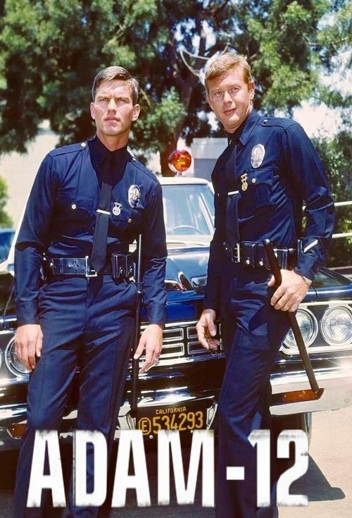 Two detectives in blue uniforms stand confidently before a vintage police car, exuding authority and camaraderie. The scene captures a classic noir atmosphere with muted tones and a sense of mystery.
