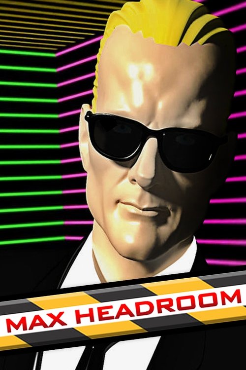 This vibrant TV poster features a stylized, futuristic Max Headroom with bright yellow hair and black sunglasses, exuding confidence against a dynamic background of neon green and pink lines. The bold, bold font at the bottom emphasizes the show's energetic and comedic tone, capturing the essence...