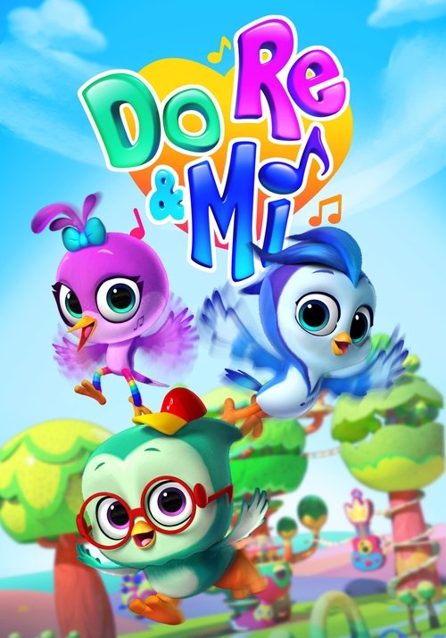 The vibrant poster features colorful cartoon birds and a cheerful green owl, set against a bright blue sky with fluffy clouds. The playful, whimsical design conveys a lively and fun atmosphere, inviting viewers to join the musical journey.