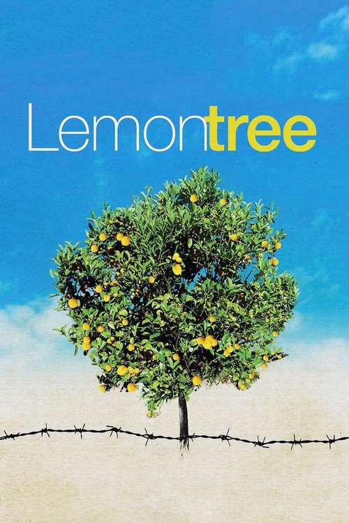 The poster features a solitary lemon tree against a vibrant blue sky, symbolizing resilience and hope. The warm yellow of the fruit contrasts with the cool blue tones, evoking a sense of warmth and optimism. A barbed wire fence in the foreground adds a touch of grit and hardship, suggesting a cha...
