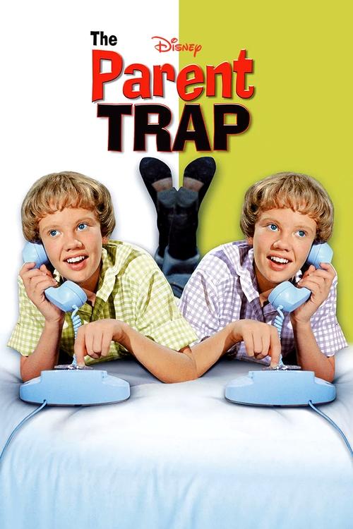The Parent Trap poster features two boys with bright smiles, holding blue phone dials, against a cheerful yellow background. A black dog peeks from behind them, adding a playful touch. The overall mood is lighthearted and fun, capturing the essence of the movie's comedic tone.