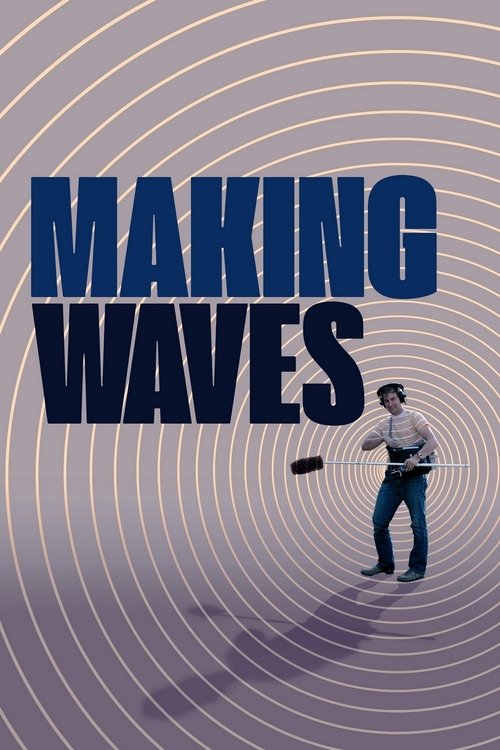 The poster features a man in a white shirt and blue jeans standing on a spiral staircase, holding a microphone. The background is filled with concentric circles in shades of purple and blue, creating a hypnotic, rhythmic effect. The title "MAKING WAVES" is prominently displayed in bold, dark blue...