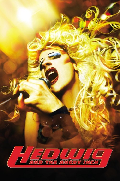 The poster features a glamorous blonde woman singing passionately into a microphone, her curly hair flowing dramatically against a warm, golden background. The bold red title "Hedwig and the Angry Inch" dominates the bottom, evoking a sense of high-energy performance and theatricality.