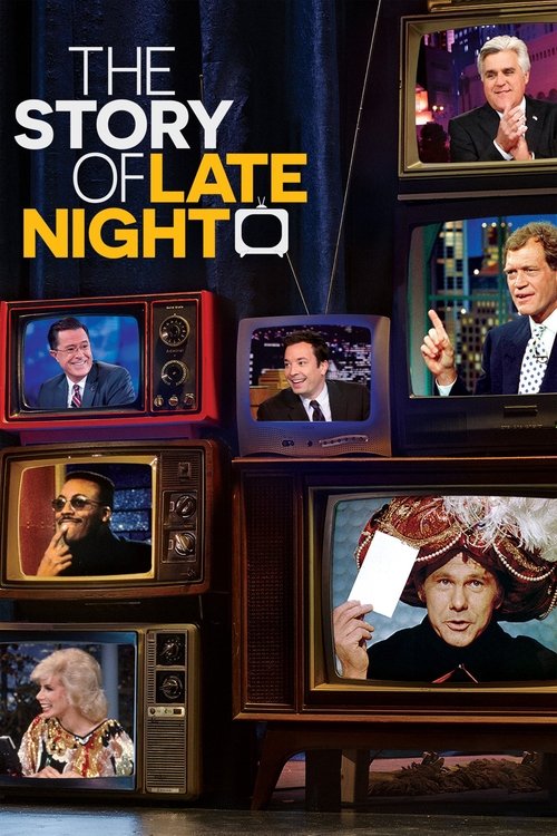 The poster features a collage of television screens displaying various actors and scenes, set against a dark, moody background. The warm, golden hues of the screen frames create a nostalgic atmosphere, evoking the classic late-night TV era.