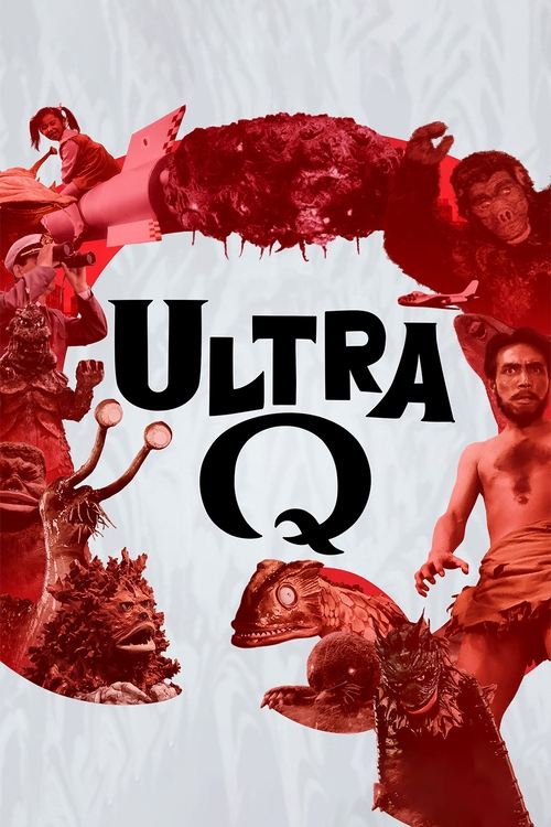 The poster features a man in a red shirt surrounded by grotesque, fleshy creatures in shades of red and black. The bold "ULTRA Q" text dominates the center, conveying a sense of danger and intensity. The overall mood is one of suspense and horror, with the chaotic, monstrous imagery suggesting a ...