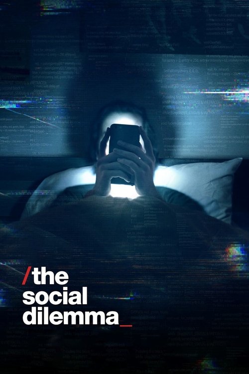 The poster features a dark, low-light scene with a figure in a futuristic, glowing helmet. The muted blue and black tones create a mysterious, suspenseful mood, while the white text "The Social Dilemma" stands out against the dark background.