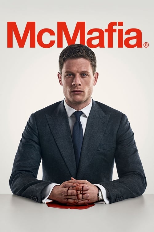A man in a sharp suit sits at a table with a red cloth draped over it, evoking a noir atmosphere. The bold red title "McMafia" dominates the top, suggesting a crime drama with a gritty, mysterious tone.