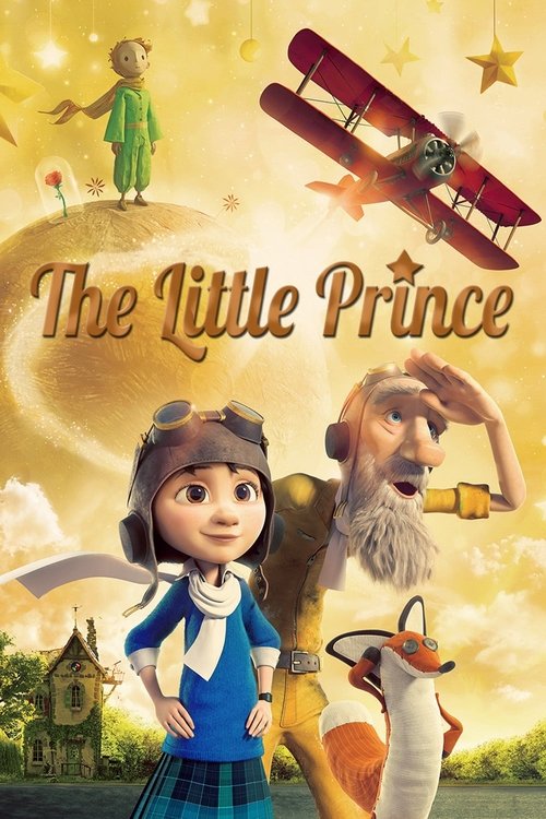 This vibrant poster features a young girl in a blue dress and a bearded man in a brown coat, both exuding warmth against a golden sky. A red biplane flies overhead, while a starry night sky and a quaint village add to the nostalgic charm. The scene captures a whimsical, dreamy atmosphere, perfect...