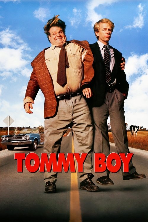 The poster features two young men in a sunny, open road with a vintage car in the background. One wears a brown jacket and beige pants, while the other sports a suit. The vibrant red title text stands out against the blue sky, evoking a playful, youthful energy.