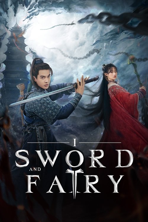 The poster features two dramatic figures in ancient fantasy attire against a mystical, stormy backdrop. One character wields a sword with a determined expression, while another stands beside them in red robes, exuding power and mystery. The dark, moody lighting enhances the epic, adventurous tone...