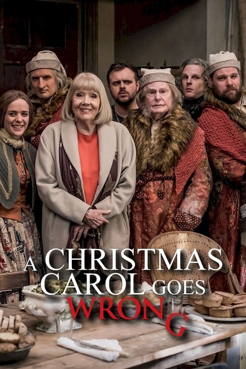 The poster features a group of people dressed in period costumes, suggesting a historical setting. The warm tones of the clothing and the festive atmosphere create a cozy mood. The title "A Christmas Carol Goes Wrong" is prominently displayed, hinting at a humorous take on the classic story.