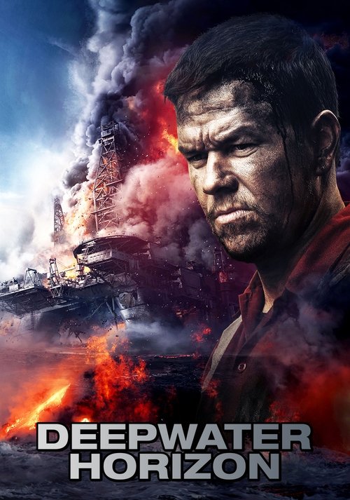 The poster features a gritty, intense portrait of a man with a serious expression, set against a backdrop of fiery explosions and dark, ominous clouds. The colors are dominated by fiery oranges, deep reds, and smoky blues, creating a dramatic and tense atmosphere. The title "Deepwater Horizon" is...