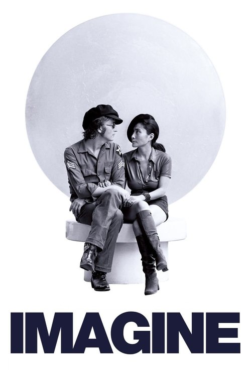 A black-and-white movie poster for "Imagine" features two characters sitting on a white bench against a large circular backdrop. The mood is contemplative and intimate, with the bold "IMAGINE" text at the bottom emphasizing the film's title.