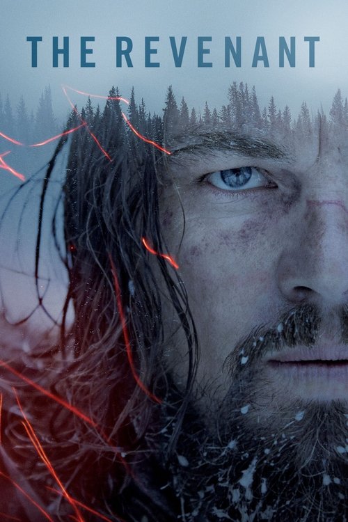 The poster features a hauntingly beautiful man with intense blue eyes and a rugged beard, set against a misty forest backdrop. Red streaks of energy or blood swirl around his face, adding a sense of danger and mystery. The overall mood is eerie and suspenseful, capturing the essence of survival i...