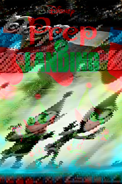 The poster features two elf characters in festive green outfits, exuding holiday cheer. The background is decorated with stockings and warm colors, creating a cozy, magical atmosphere. The title "Prep & Landing" is prominently displayed in bold red and green letters, emphasizing the movie's theme...