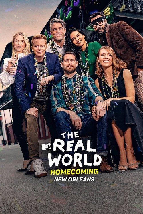 The poster features a group of diverse characters in vibrant, eclectic clothing against a warm, inviting backdrop. The mood is playful and celebratory, with the title "The Real World Homecoming" prominently displayed in bold, eye-catching typography. The overall composition suggests a fun, engagi...