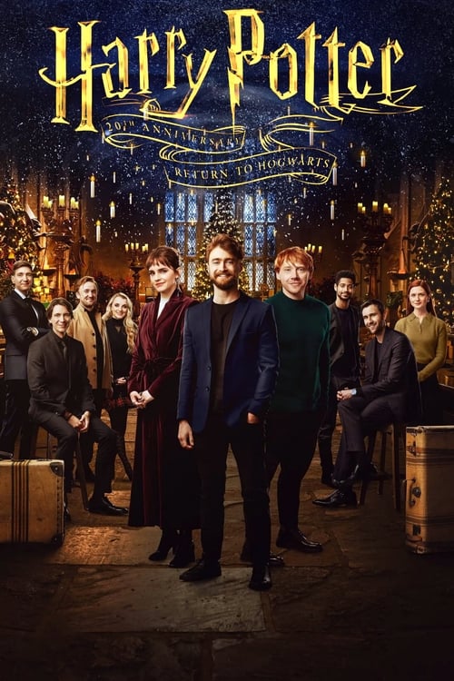 The poster features a group of Harry Potter characters in a magical, festive setting with warm lighting and twinkling lights. The dark blue background contrasts with the golden text, creating a nostalgic and celebratory atmosphere.