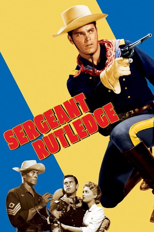This movie poster features a cowboy hero in a yellow hat and blue uniform, holding a gun against a vibrant yellow background. Below him, three other characters—a man in a cowboy hat, a woman in a white dress, and a child—are depicted in a dramatic pose. The poster uses bold red text to emphasize ...