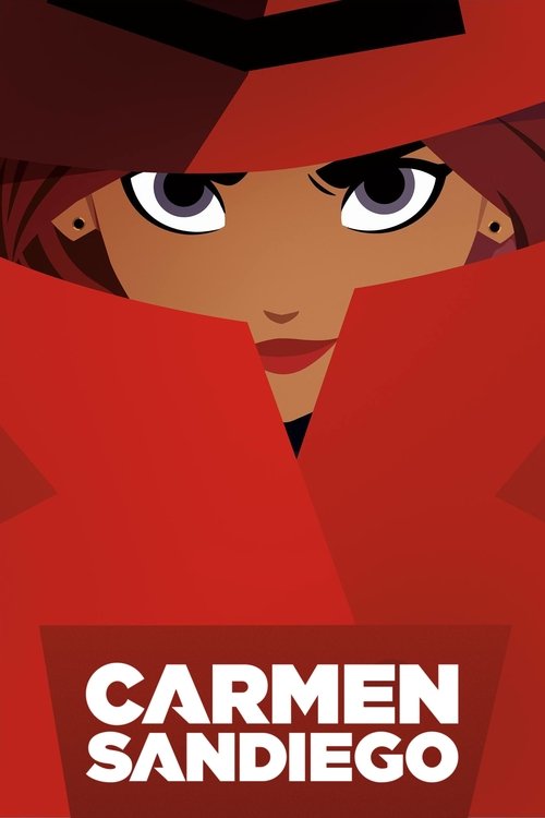 The poster features a woman peeking over a red background, her eyes wide and intense. The bold white text "CARMEN SANDIEGO" stands out against the vibrant red, evoking mystery and intrigue.