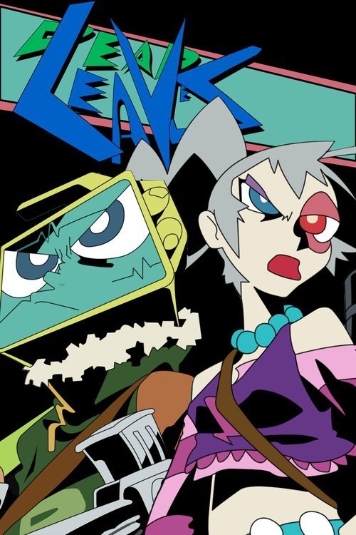 The poster features a dramatic scene with a character in a purple outfit and a menacing green monster looming behind them. The bold blue title "Dead Leaves" dominates the top, while the character's intense expression and the monster's wide eyes convey a sense of danger and suspense.