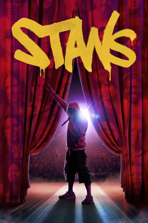 A silhouette stands before dramatic red curtains, holding a glowing light, with the bold "STANS" title in yellow graffiti above. The scene exudes a gritty, urban atmosphere with moody lighting and a sense of anticipation.