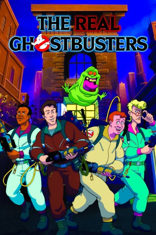 The poster features five characters in dynamic poses, each with unique costumes and expressions. The vibrant colors of the buildings and characters create a lively atmosphere. The mood is energetic and adventurous, capturing the essence of the classic Ghostbusters franchise.