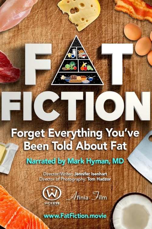 The poster features a wooden table with vibrant food items like cheese, eggs, and salmon, creating a warm, appetizing atmosphere. A central triangle displays a collage of diverse food scenes, symbolizing the film's exploration of varied culinary experiences. The title "Fat Fiction" is prominently...