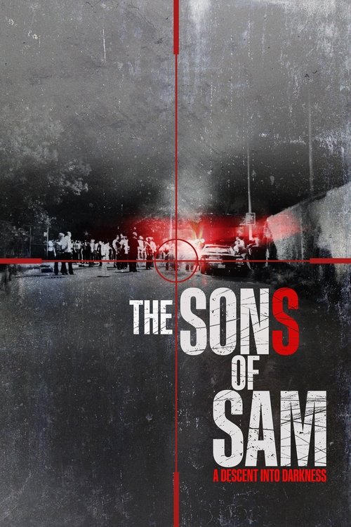 The poster depicts a desolate, rain-slicked street with silhouetted figures in the distance, evoking a sense of mystery and foreboding. A dramatic red glow from a distant light casts ominous shadows across the scene, while the title "The Sons of Sam" dominates the foreground in bold, distressed t...