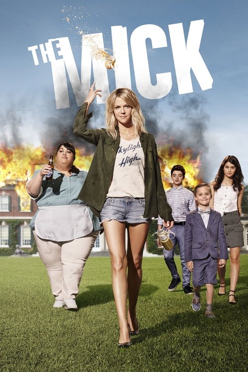 The Mick poster features a confident woman in denim shorts and a green jacket, holding a cigarette, surrounded by a group of children and adults in a grassy field. The scene is set against a backdrop of burning buildings, suggesting a dramatic and intense atmosphere. The colors are vibrant, with ...