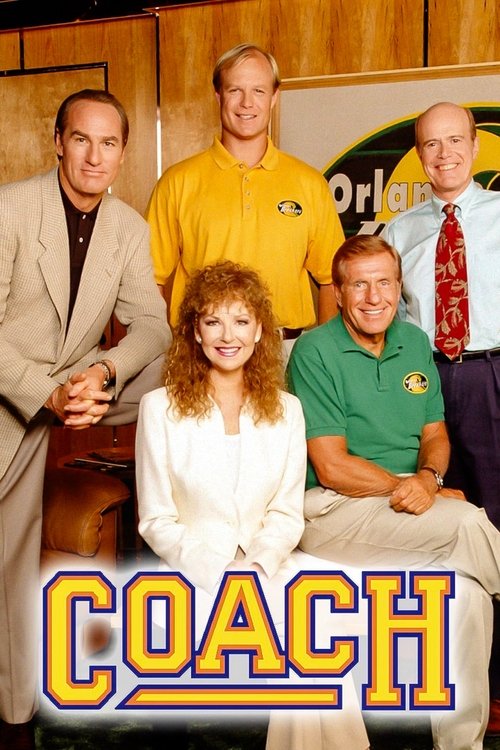 The poster features six smiling men and a woman in a warm, inviting setting. The men wear casual attire, while the woman stands out in a white outfit. The background includes a wooden wall and a partially visible sign with "Coach" written on it. The overall mood is friendly and approachable, sugg...