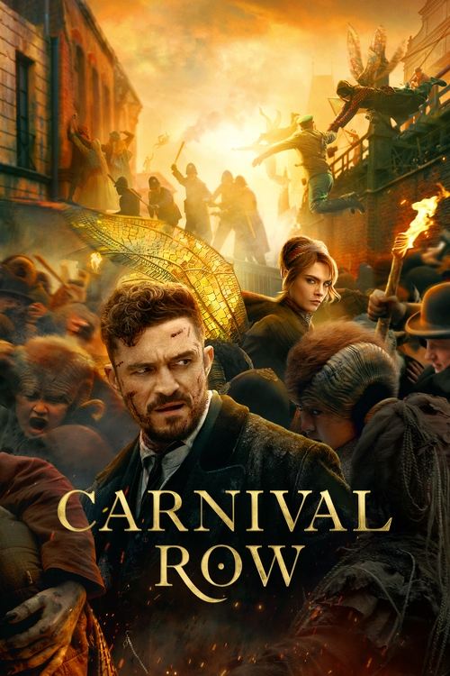 The poster features a dramatic scene with a central man in a dark coat, surrounded by a chaotic crowd of people in period clothing. The warm golden hues and fiery background evoke a sense of historical tension and action.