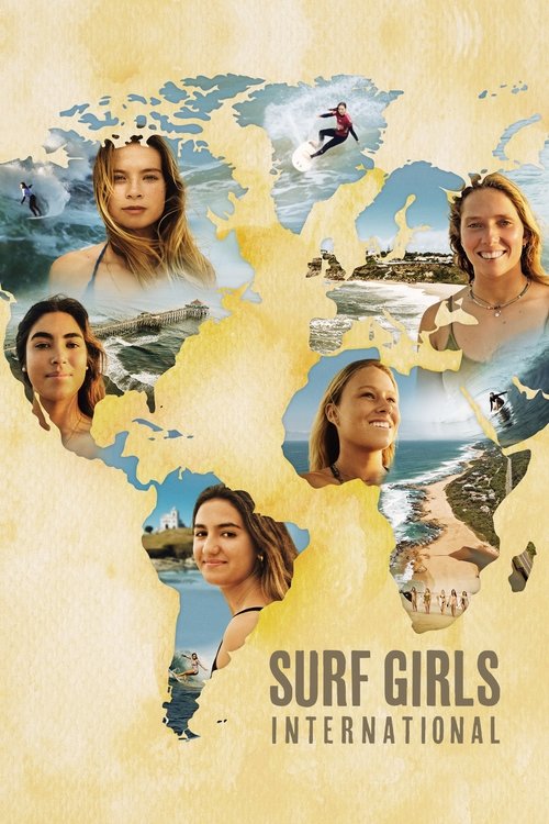 The poster features a vibrant world map with colorful sunsets and serene ocean views, surrounded by smiling surfers in various poses. The warm, golden hues evoke a joyful and adventurous mood, capturing the essence of surfing culture.