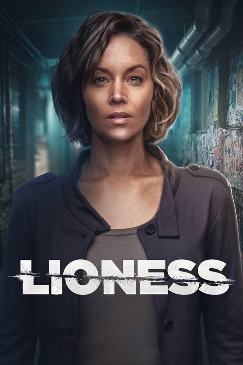 The poster features a woman with short, tousled hair against a dimly lit, industrial background. She wears a dark blazer over a gray top, exuding a professional yet mysterious aura. The bold white text "LIONESS" dominates the lower portion, suggesting a thriller or drama. The muted tones and shad...