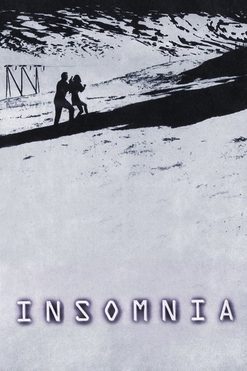 A haunting black-and-white poster captures two figures walking through a snow-covered landscape, evoking a sense of isolation and unease. The stark contrast between the dark silhouettes and the bright snow enhances the eerie mood, while the title "INSOMNIA" at the bottom reinforces the film's the...