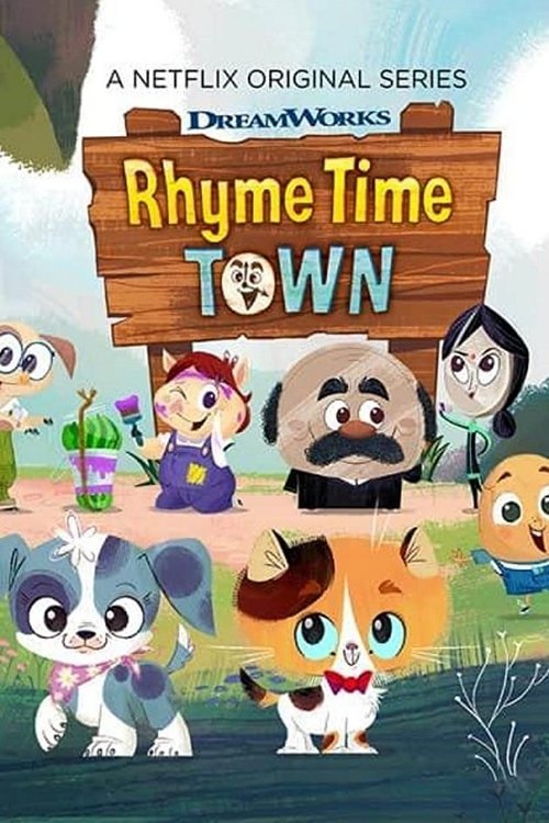 This vibrant cartoon poster features a lively scene with diverse characters in colorful clothing, set against a cheerful backdrop of green hills and a wooden sign. The playful atmosphere suggests a fun, animated adventure story.
